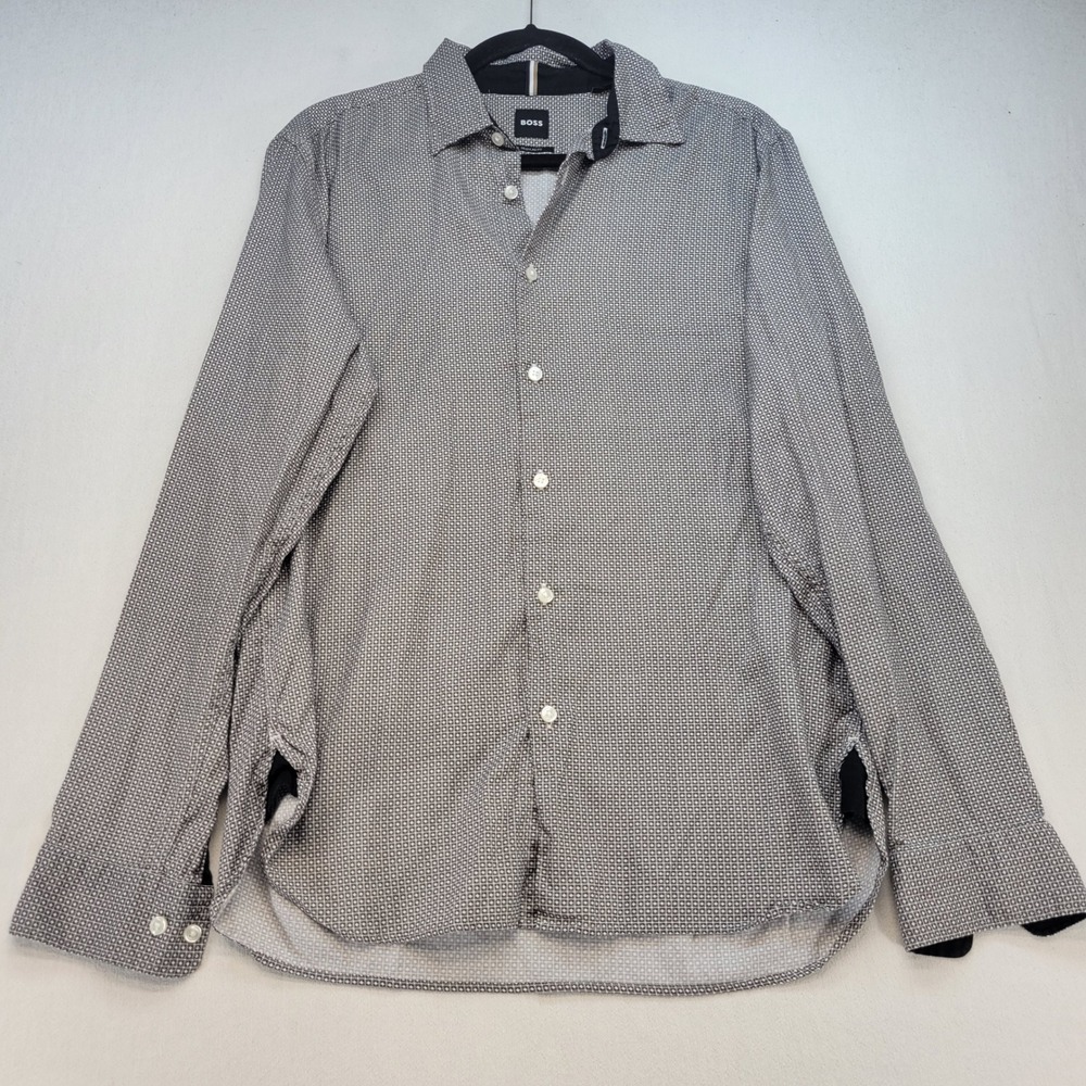 Hugo Boss Button Down Shirt Mens Medium Gray Regular Fit Geometric Long Sleeve